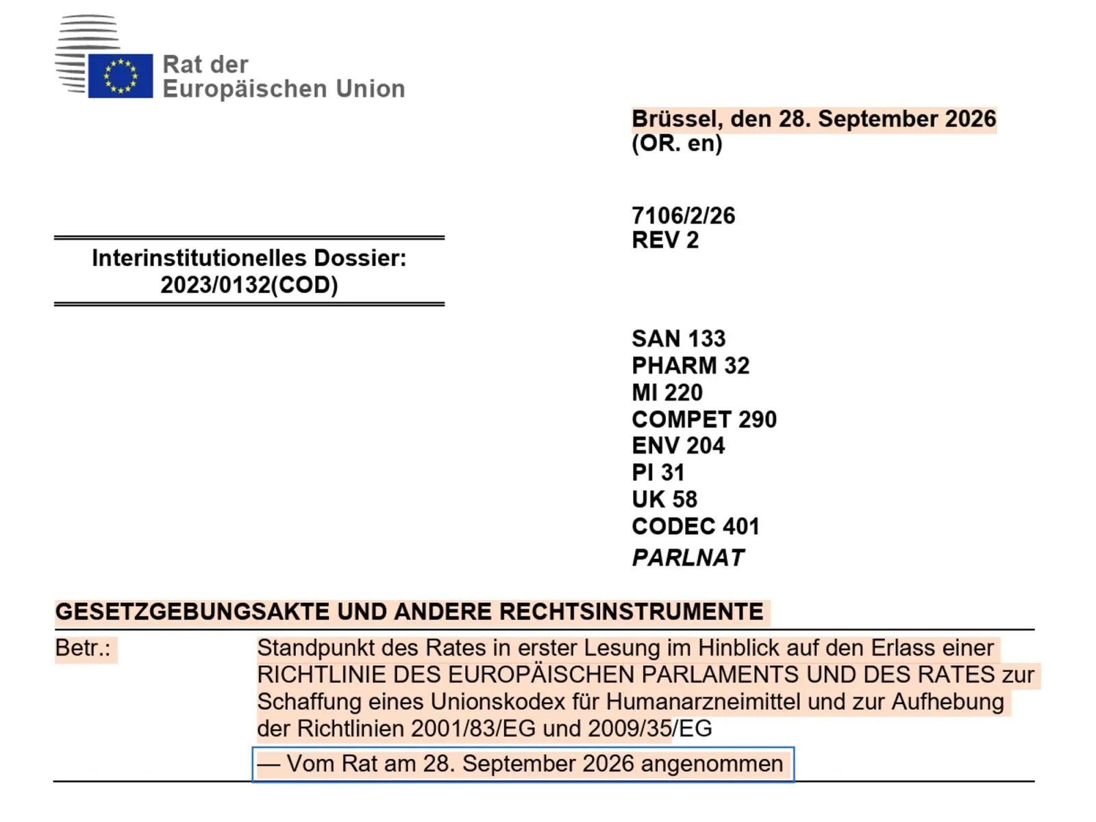 Dokument des Rates der Europäischen Union vom 28. September 2026 zur Richtlinie über Humanarzneimittel.
