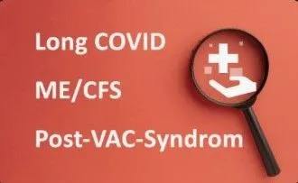 Grafica rossa con la scritta «Long COVID», «ME/CFS» e «sindrome Post-VAC