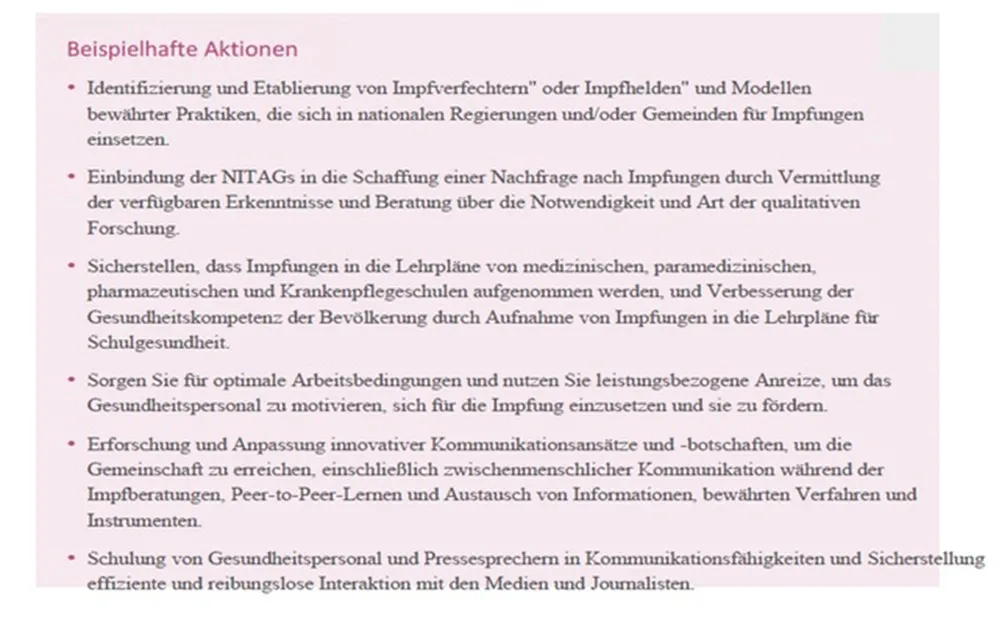 Abbildung mit dem Titel „Beispielhafte Aktionen“, die Maßnahmen zur Förderung von Impfungen auflistet. Dazu gehören die Einbindung von Impf-Befürwortern und NITAGs, die Integration von Impfungen in Lehrpläne, Anreize für Gesundheitspersonal, innovative Kommunikationsstrategien sowie die Schulung von medizinischem Personal und Pressesprechern im Umgang mit Medien.