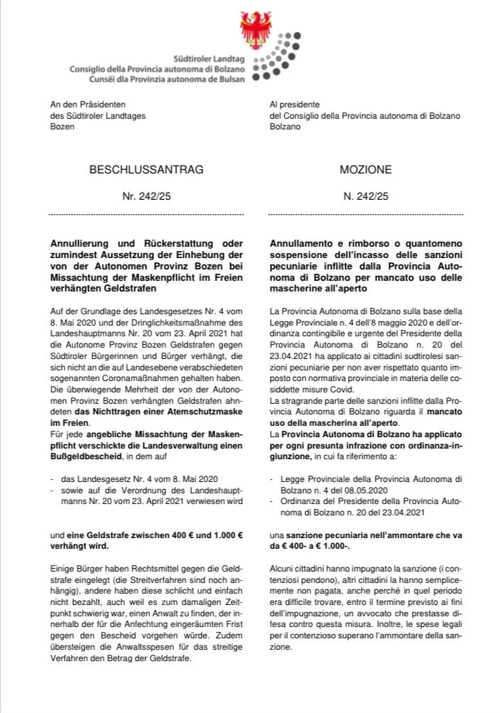 Maskenstrafen: Südtiroler Landtag wiederholt Verfassungsbruch